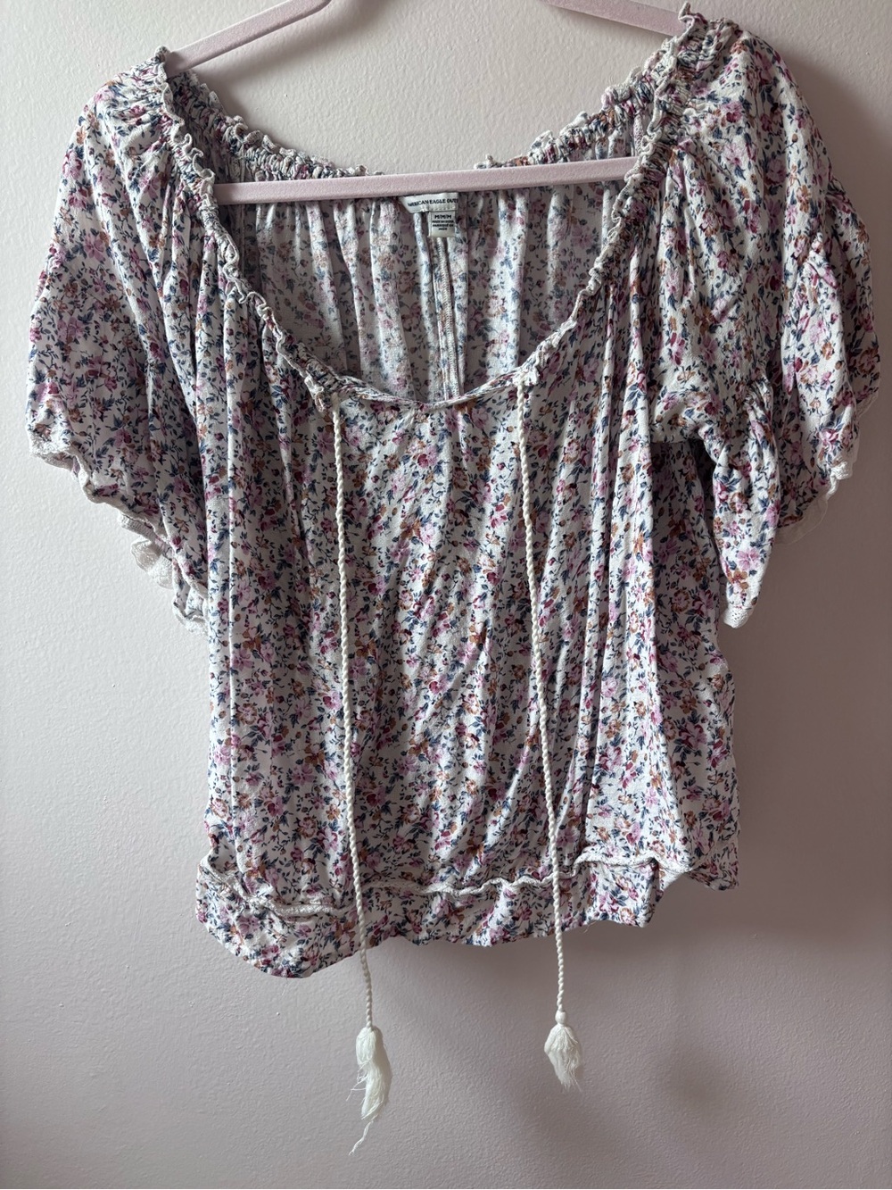 American Eagle Outfitters Cream Floral Peasant Top with Pink & Blue Accents